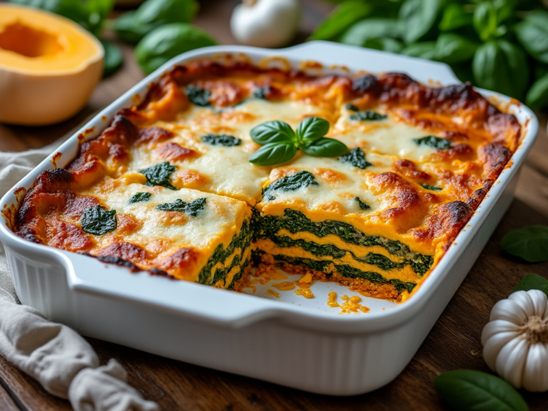 Baked butternut squash and spinach lasagna with golden, melted dairy-free cheese on top.