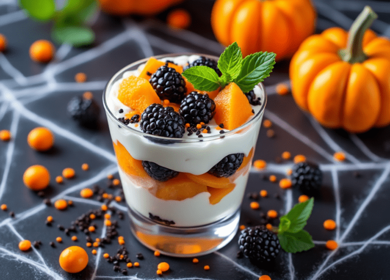 Close-up of a layered parfait with blackberries, orange segments, and yogurt, topped with sprinkles and a mint leaf, surrounded by pumpkins.