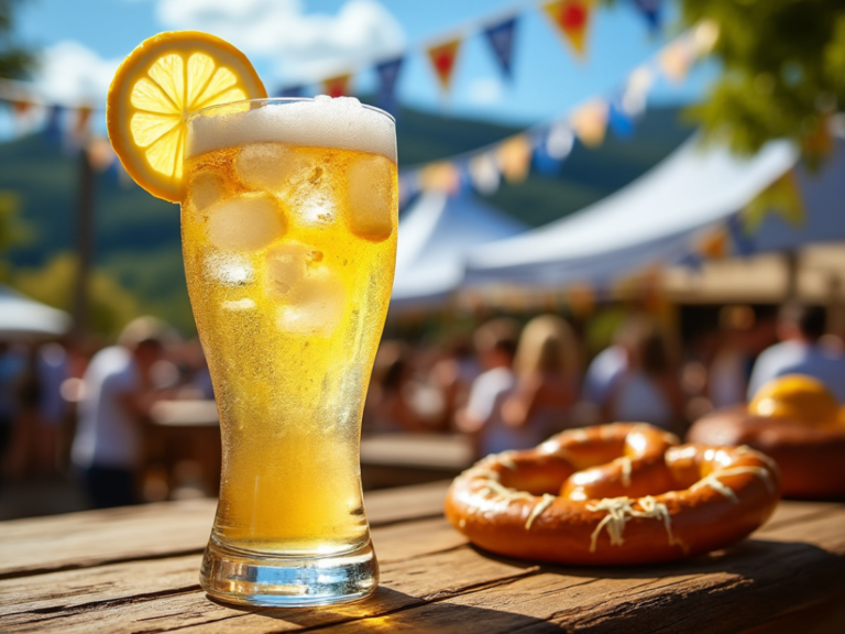 Chilled Radler with lemon served outdoors at a summer festival.