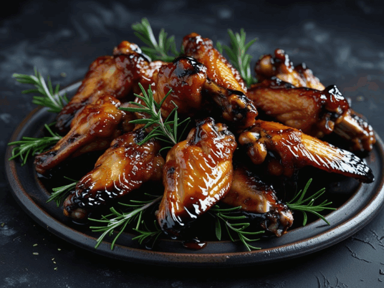 Glossy balsamic glazed chicken wings on a dark plate, garnished with rosemary sprigs.