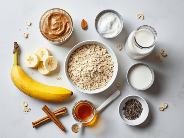 Ingredients for Cinnamon Roll Smoothie recipe, including banana, oats, almond butter, and almond milk