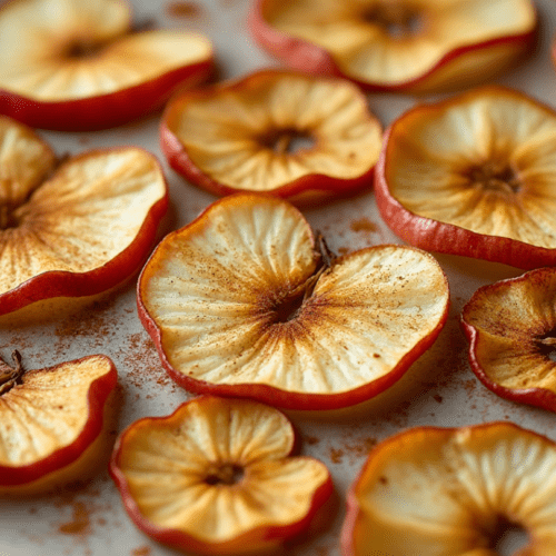 Golden brown baked apple chips dusted with cinnamon on a baking tray.