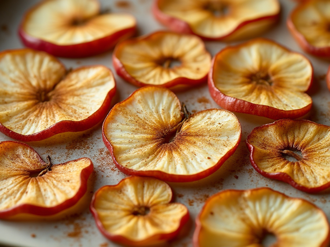 Golden brown baked apple chips dusted with cinnamon on a baking tray.