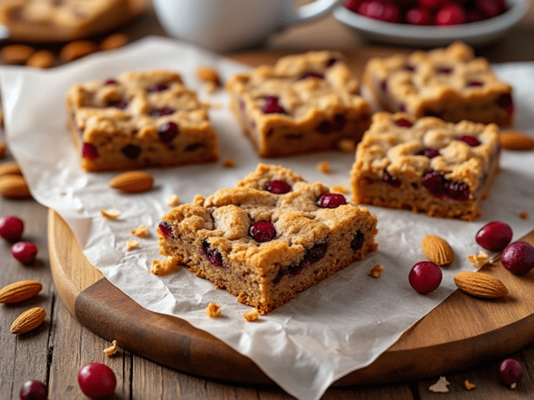 Close-up of Cranberry Almond Breakfast Bars on a parchment-lined cutting board with scattered almonds and cranberries.