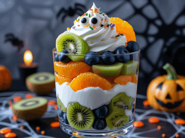 Spooky Halloween parfait layered with kiwi, blueberries, and oranges topped with whipped cream and candy eyes.