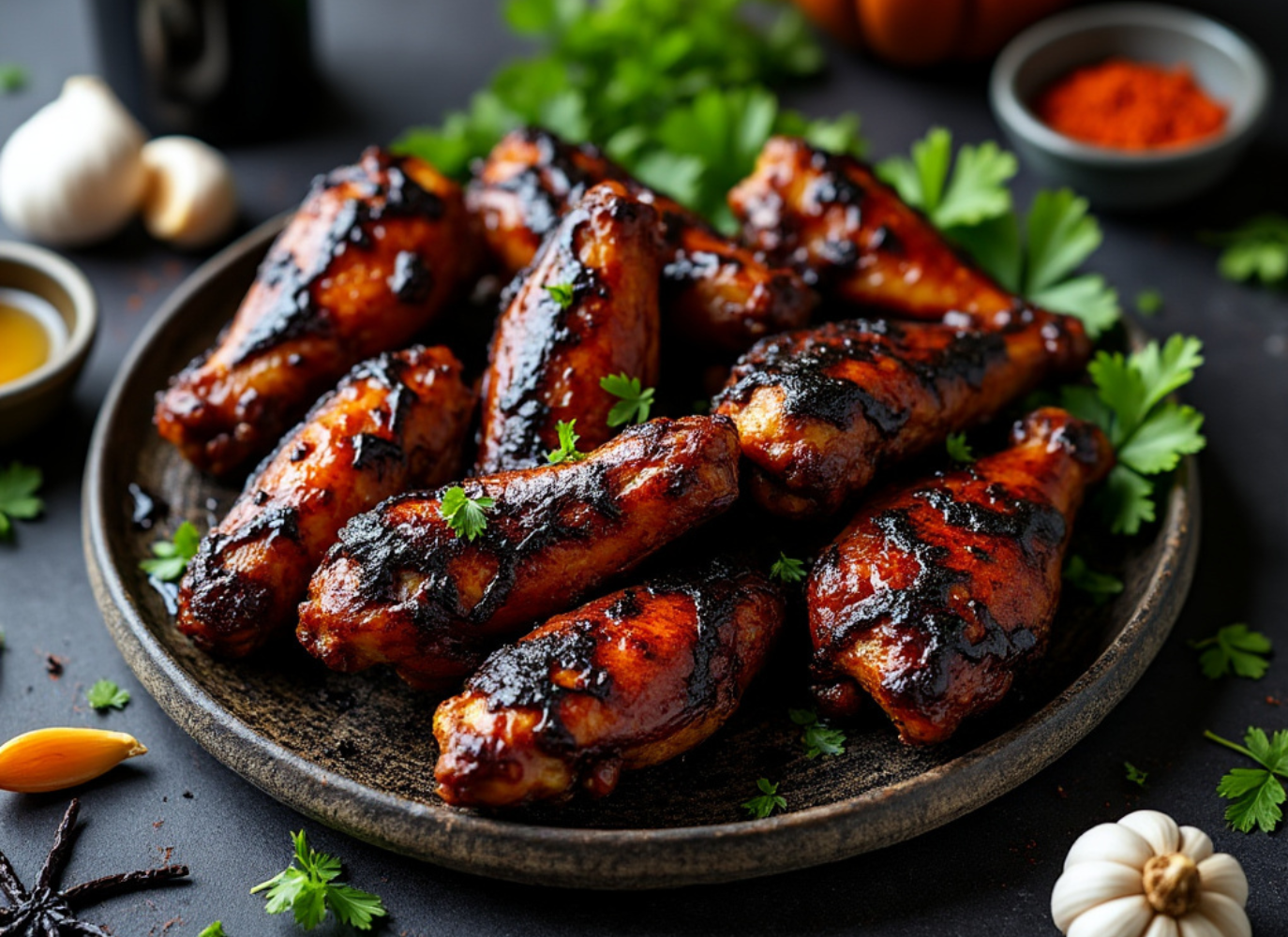 A platter of balsamic glazed chicken wings garnished with parsley, served on a rustic plate for Halloween.