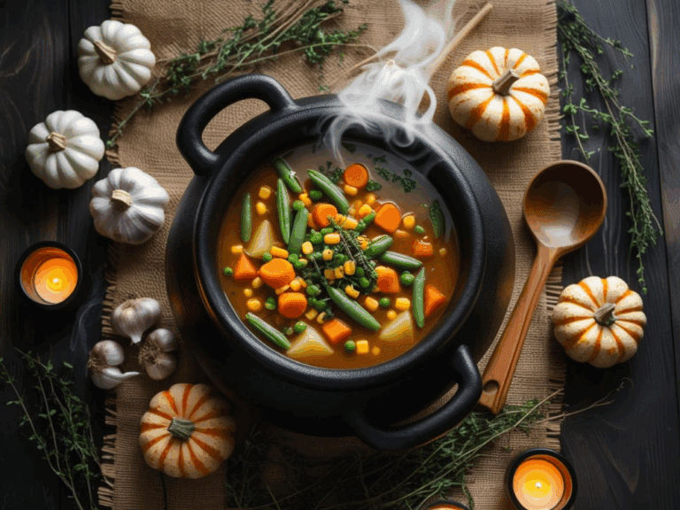 Overhead view of vegetable soup in a black cauldron surrounded by mini pumpkins, garlic, and candles.