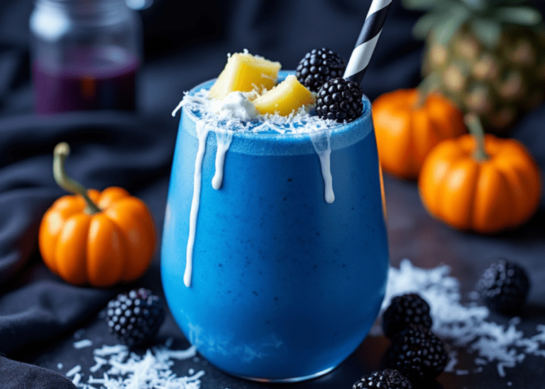 A vibrant blue smoothie in a glass, topped with pineapple and blackberries, with small pumpkins and spirulina powder in the background.