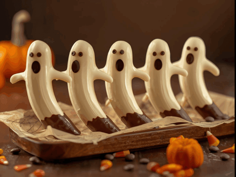 White chocolate banana ghosts with arms, arranged on a tray with candy corn and pumpkins.