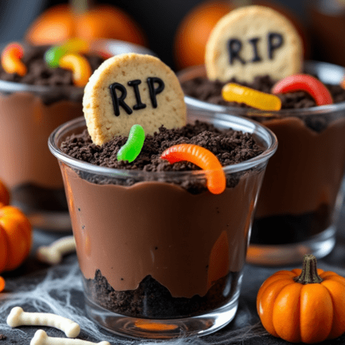 Close-up of graveyard pudding cups with RIP cookie gravestones and Halloween decorations