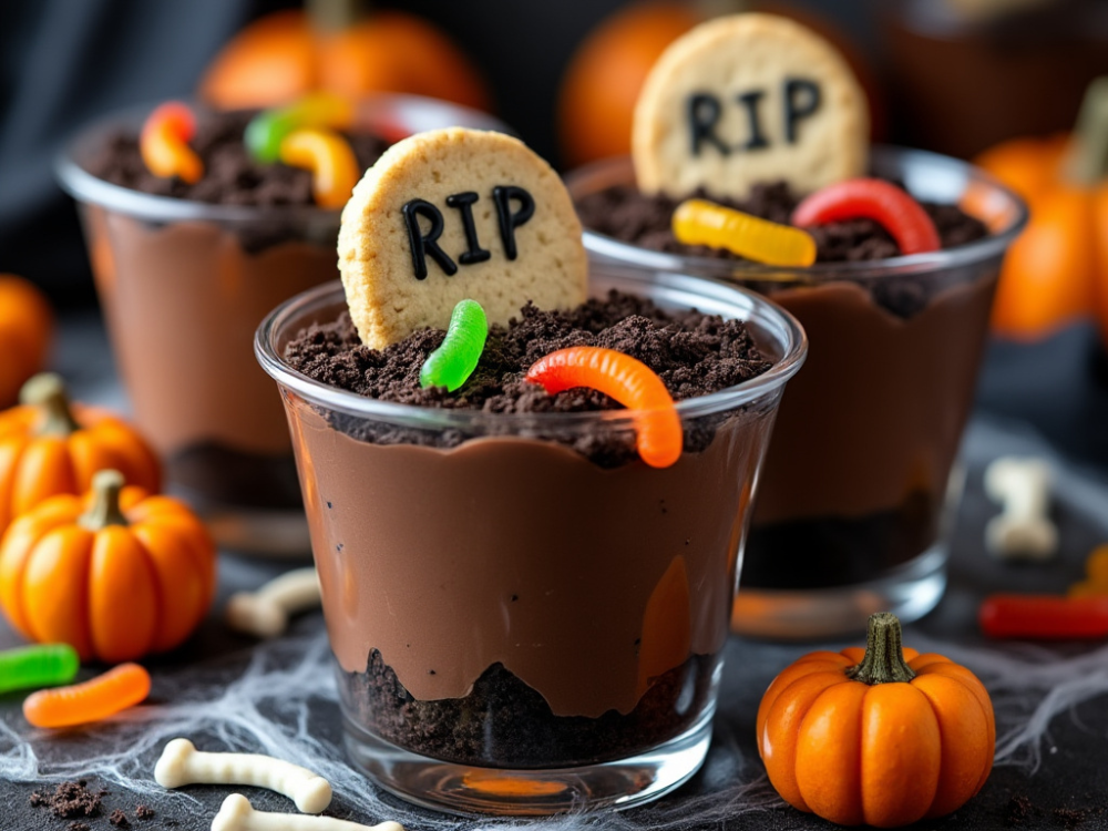 Close-up of graveyard pudding cups with RIP cookie gravestones and Halloween decorations