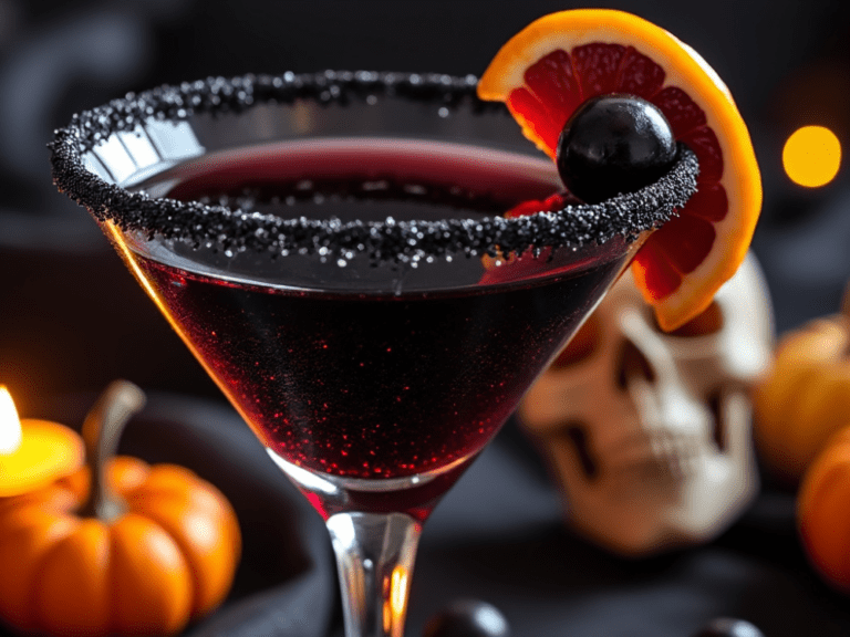 Close-up of Black Magic Martini with black sugar rim and eerie Halloween decor