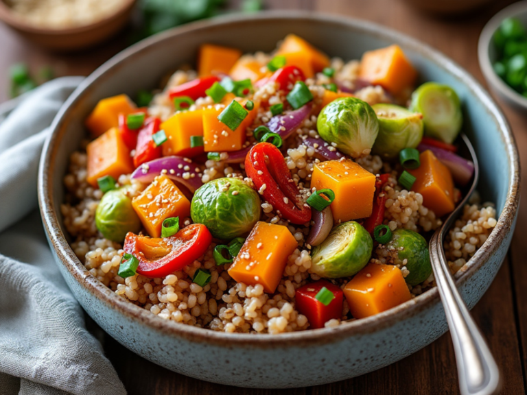 A bowl of Autumn Vegetable Stir Fry with brown rice, featuring butternut squash, Brussels sprouts, and red bell peppers.