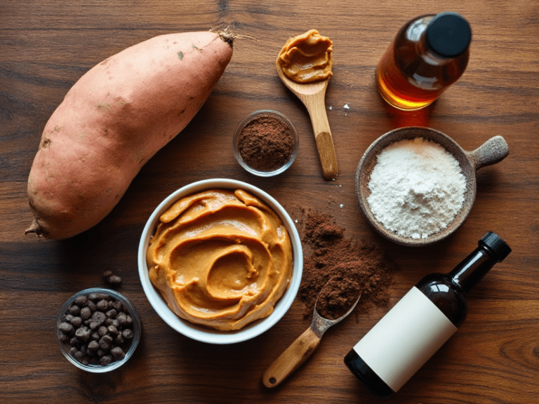 Ingredients for sweet potato brownies, including a sweet potato, almond butter, cocoa powder, maple syrup, and chocolate chips arranged on a wooden table.