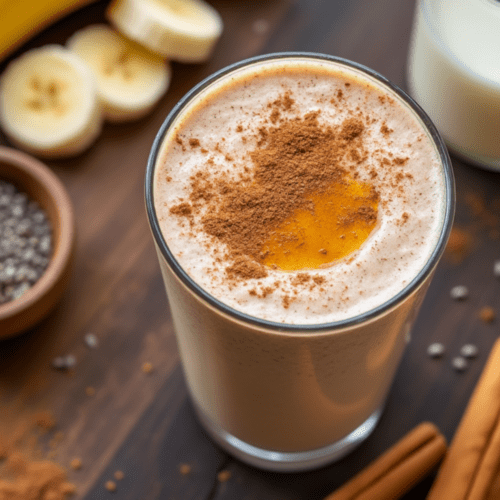 Top view of Cinnamon Maple Smoothie with a drizzle of maple syrup and a sprinkle of cinnamon, surrounded by ingredients on a wooden surface.