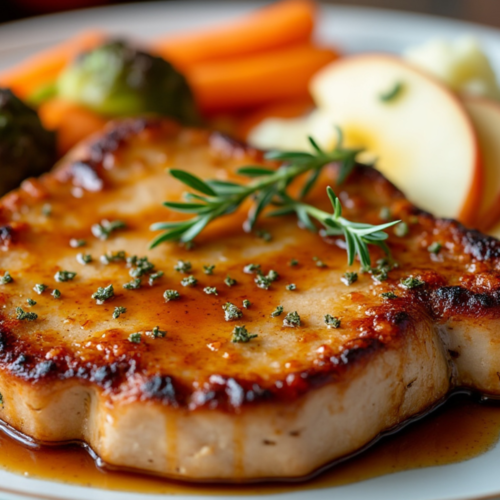 Apple Cider Glazed Pork Chop with a side of roasted vegetables and fresh apple slices on a plate.