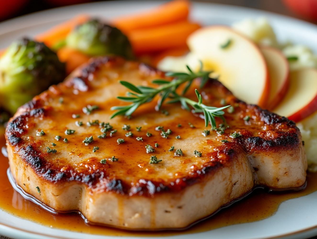 Apple Cider Glazed Pork Chop with a side of roasted vegetables and fresh apple slices on a plate.