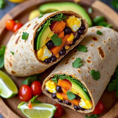 Top-down view of Sweet Potato and Black Bean Burrito on a wooden plate