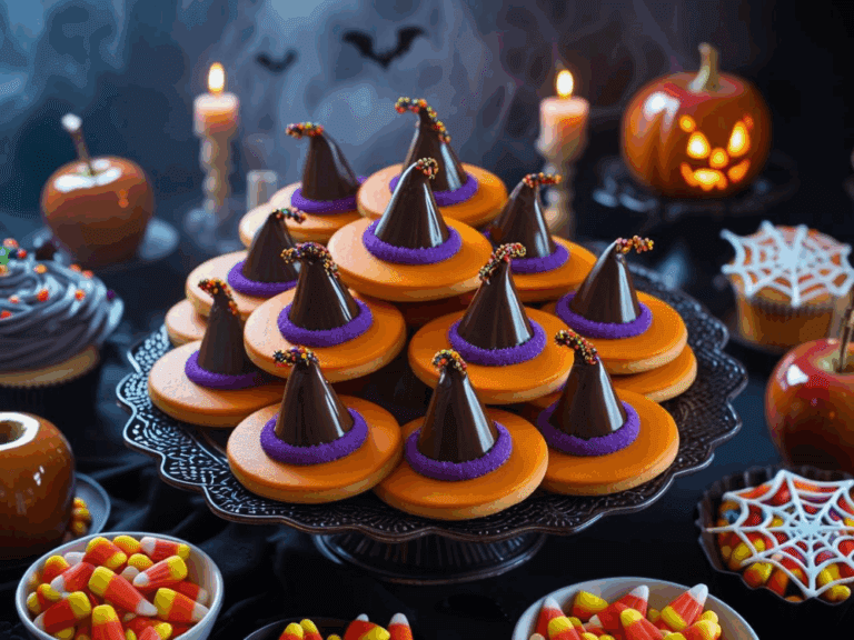 Tiered platter filled with orange cookies topped with chocolate witch hats, surrounded by Halloween treats like cupcakes, caramel apples, and candy corn.
