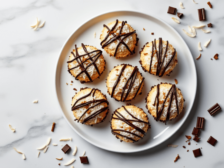 Top-down view of coconut macaroons with chocolate drizzle arranged on a plate.