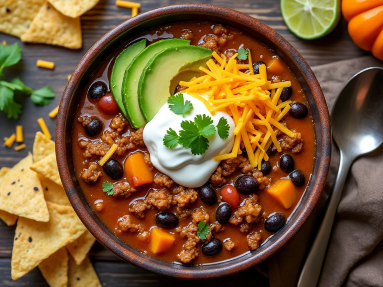 Top-down view of turkey pumpkin chili with toppings like avocado, sour cream, and shredded cheese.