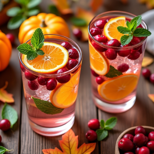 Two tall glasses of Cranberry and Orange Infused Water with fresh mint and ice, set on a wooden table surrounded by autumn leaves and pumpkins.