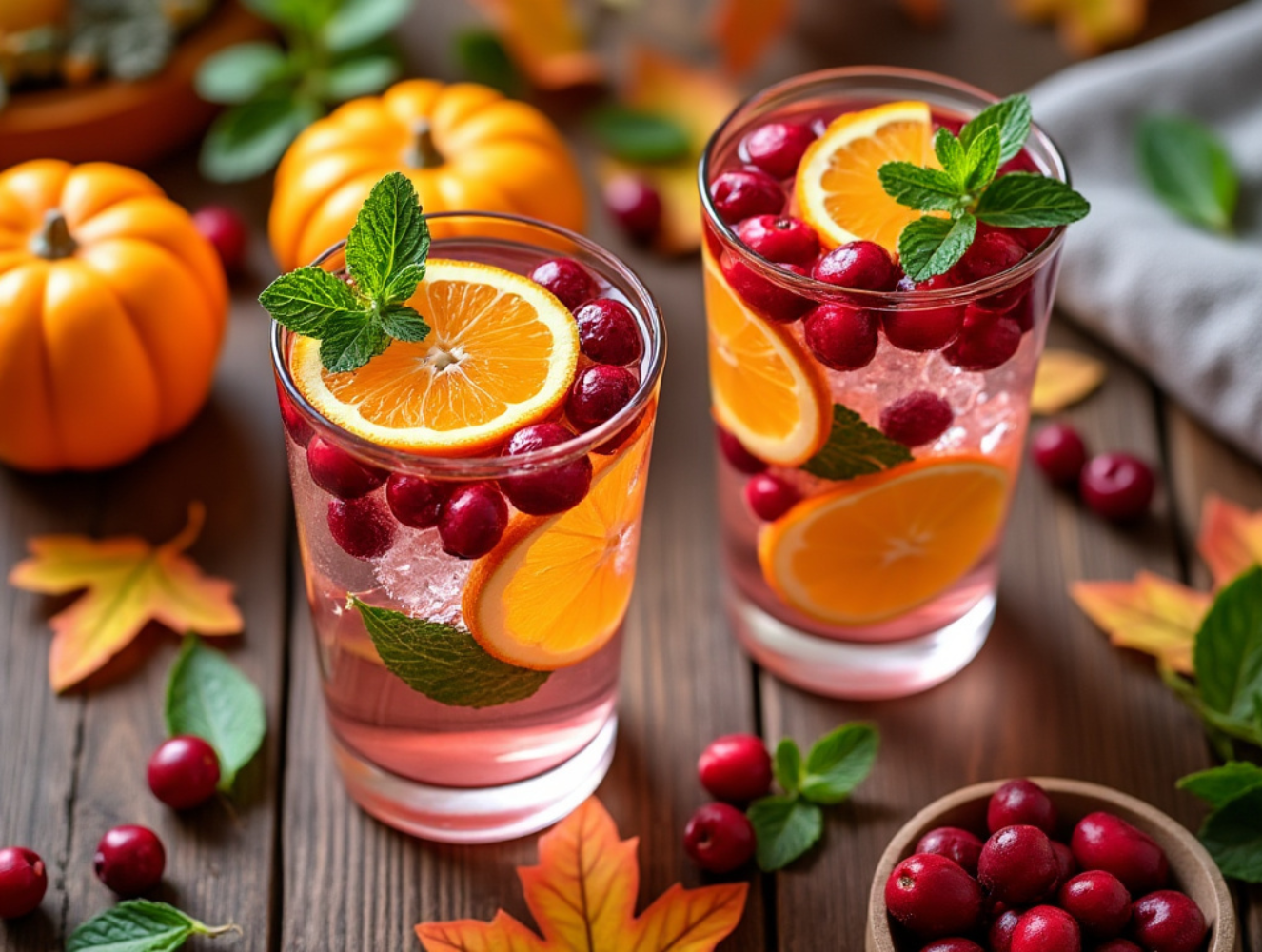 Two tall glasses of Cranberry and Orange Infused Water with fresh mint and ice, set on a wooden table surrounded by autumn leaves and pumpkins.