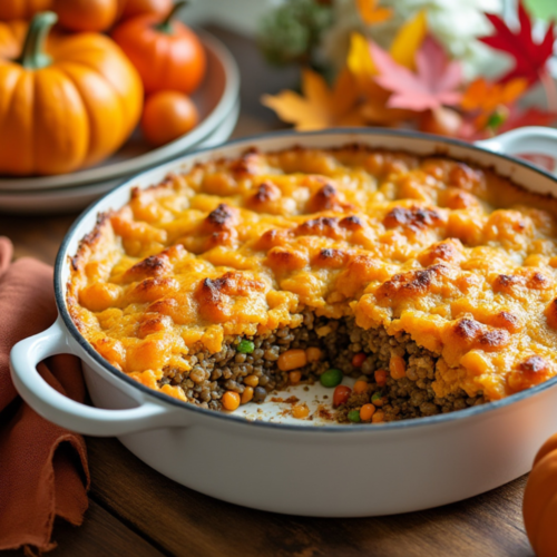 Rustic pan of Vegetable Shepherd’s Pie with sweet potato topping, surrounded by fall decor including pumpkins and autumn leaves.