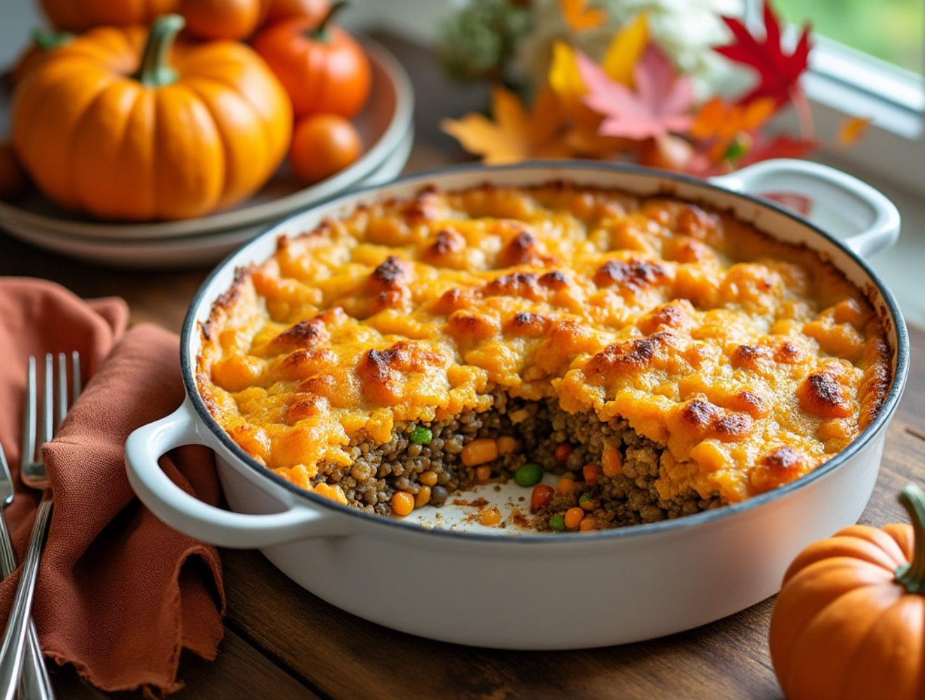 Rustic pan of Vegetable Shepherd’s Pie with sweet potato topping, surrounded by fall decor including pumpkins and autumn leaves.
