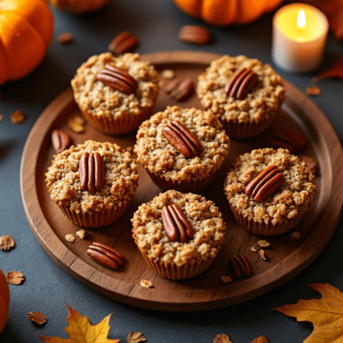 Maple Pecan Baked Oatmeal Cups on a wooden platter with autumn leaves and pumpkins in the background.