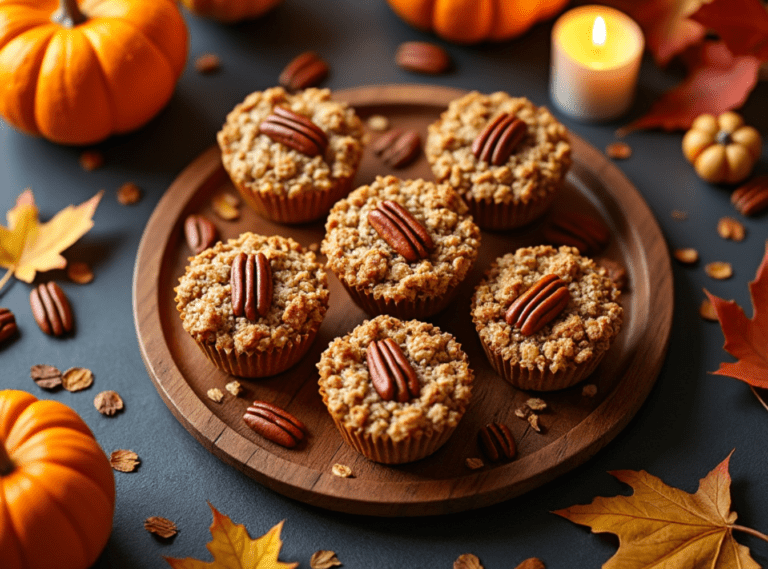 Maple Pecan Baked Oatmeal Cups on a wooden platter with autumn leaves and pumpkins in the background.