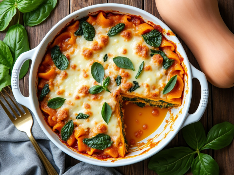 Close-up of butternut squash and spinach lasagna slice with basil garnish.