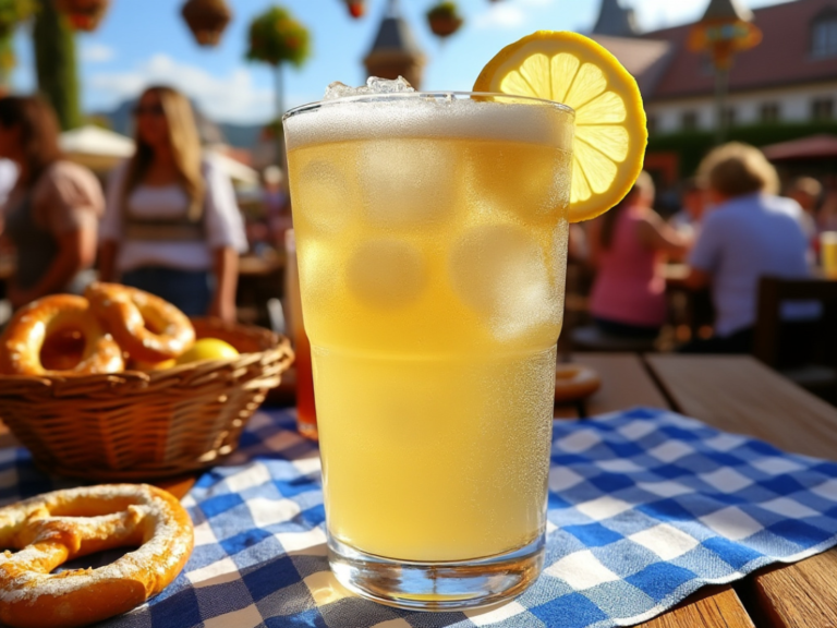 Radler served with lemon garnish at an outdoor table.