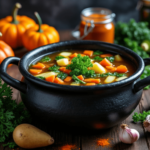 Halloween-themed vegetable soup in a black pot with pumpkins and fresh vegetables surrounding it.