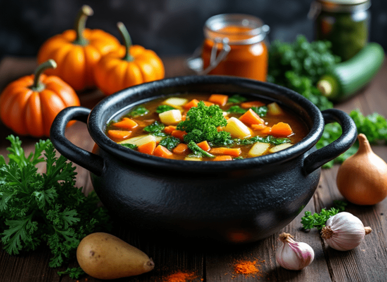 Halloween-themed vegetable soup in a black pot with pumpkins and fresh vegetables surrounding it.