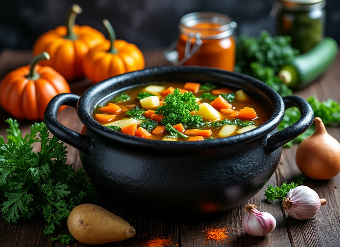 Halloween-themed vegetable soup in a black pot with pumpkins and fresh vegetables surrounding it.