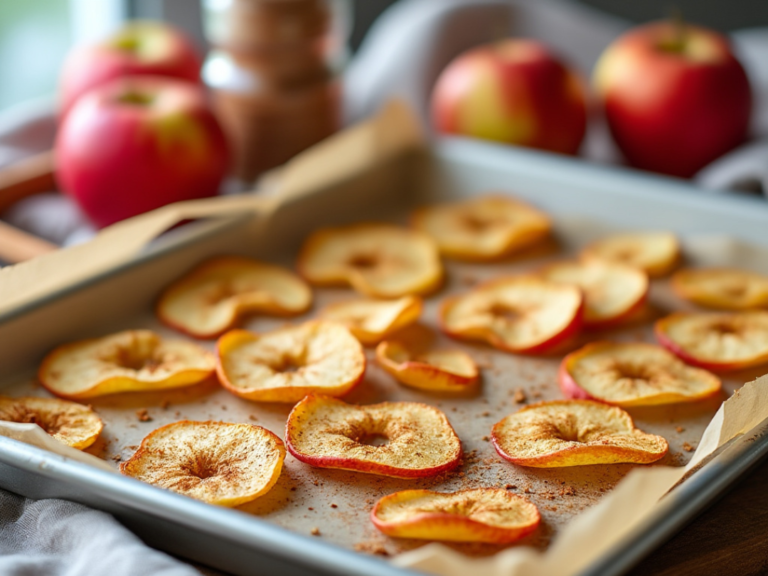 Baked apple chips with cinnamon on a parchment-lined baking tray.