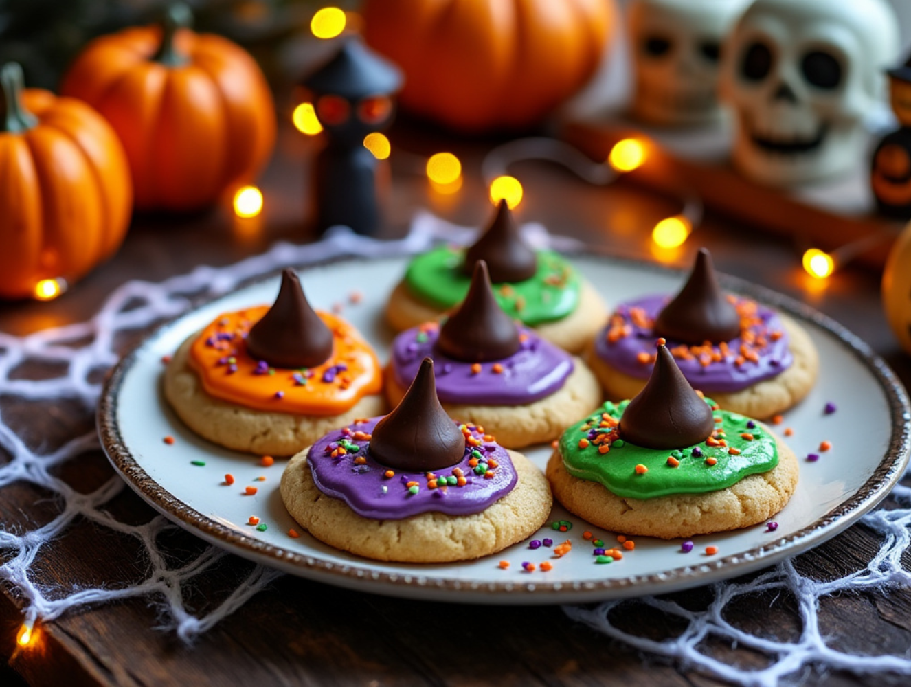 A plate of Halloween Pumpkin Witch Hat Cookies with vibrant orange, purple, and green icing, surrounded by Halloween pumpkins and spooky decorations.