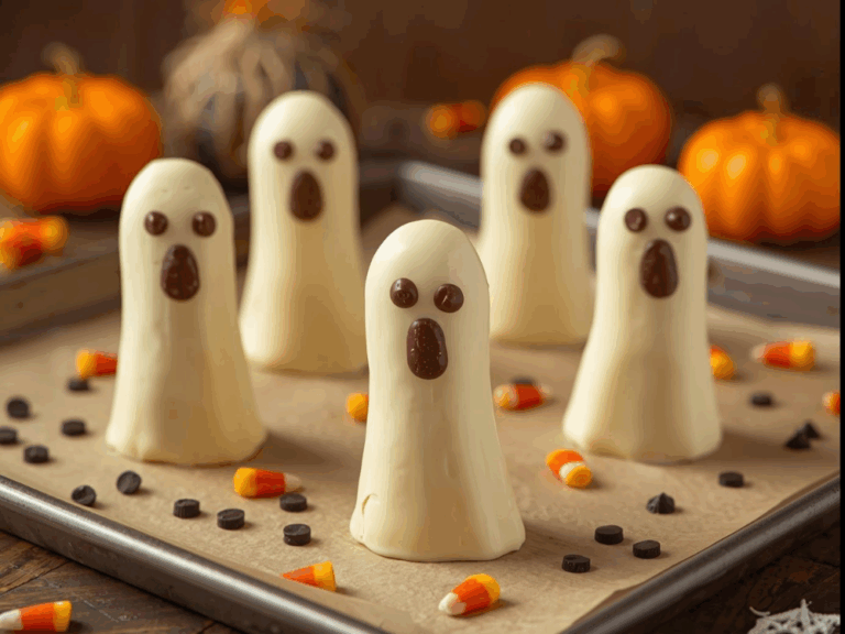 Banana ghosts standing upright on a tray with candy corn and pumpkins in the background.