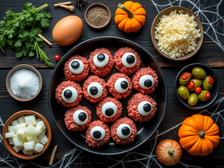 Raw ingredients for Monster Eyeball Meatballs arranged on a Halloween-themed tabletop.