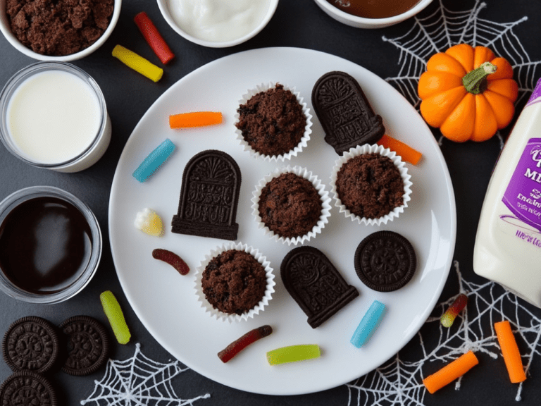 Halloween graveyard pudding cups ingredients with chocolate, cookies, and candy