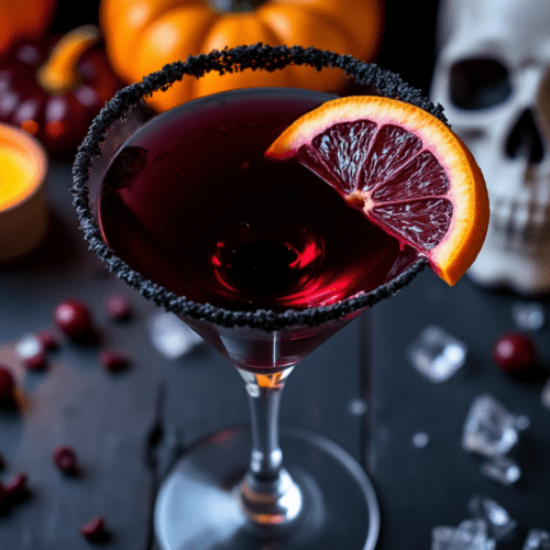 Top-down view of Black Magic Martini with black sugar rim and blood orange