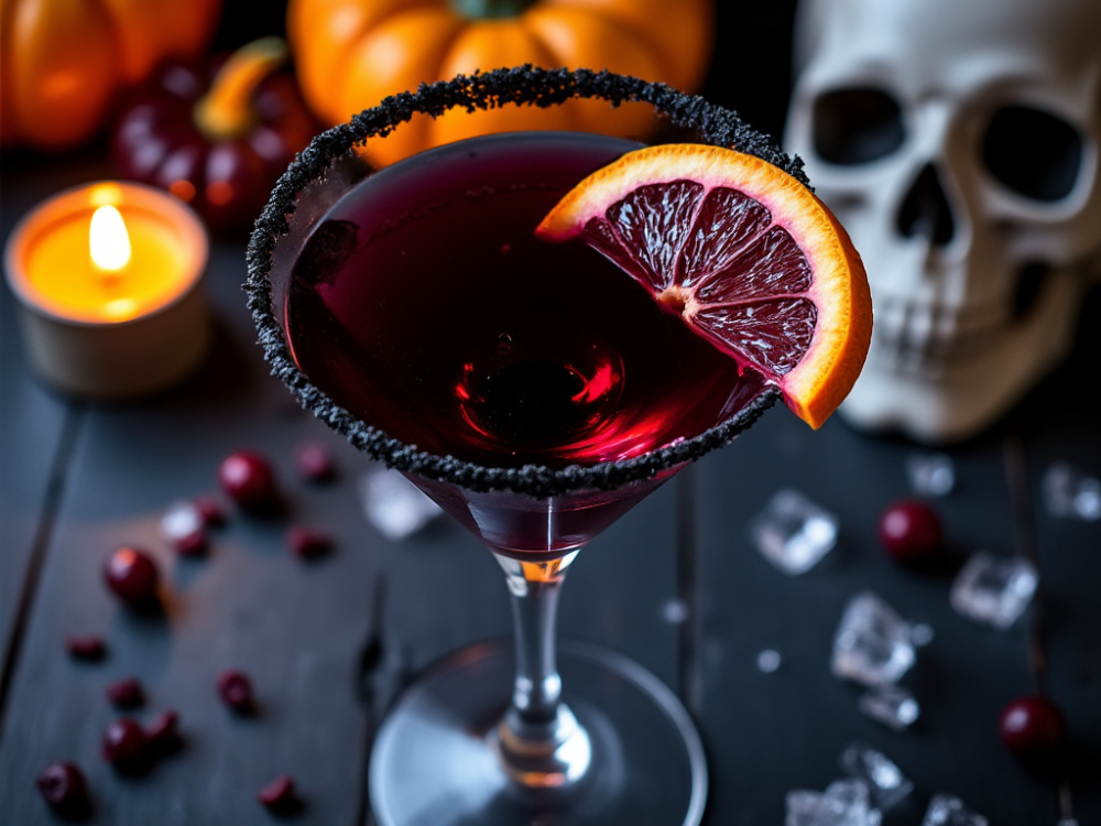 Top-down view of Black Magic Martini with black sugar rim and blood orange