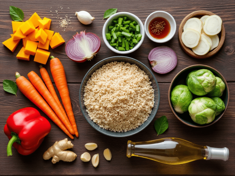 Ingredients for Autumn Vegetable Stir Fry, including butternut squash, carrots, Brussels sprouts, garlic, ginger, and uncooked brown rice.