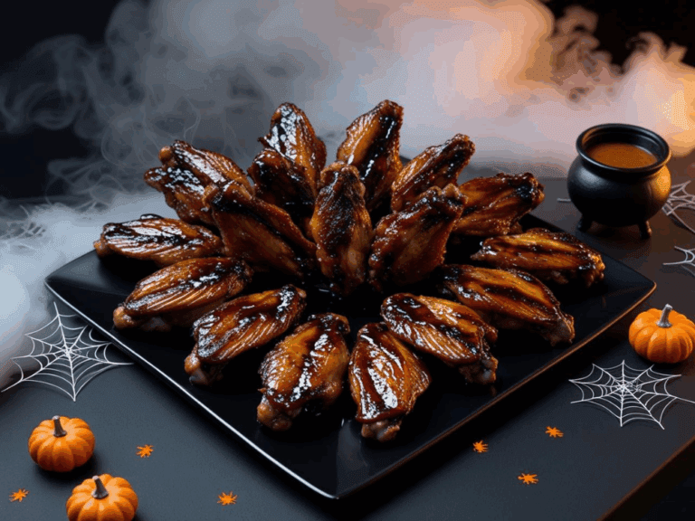 Halloween bat wing chicken wings styled in a spooky circular pattern on a black square platter with fog, pumpkins, and spiderwebs.