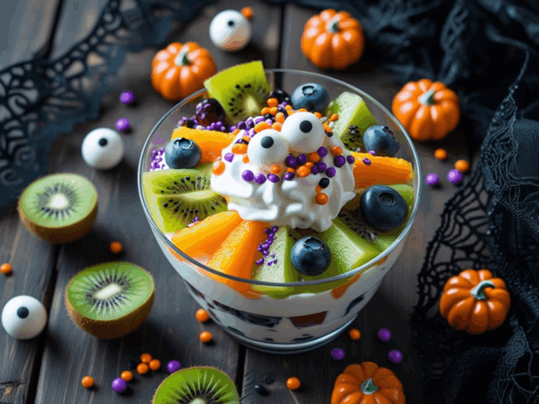 Overhead view of Halloween fruit parfait topped with blueberries, kiwi, orange slices, whipped cream, and candy eyes.