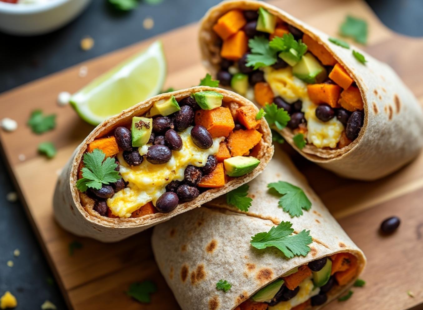 Two Sweet Potato and Black Bean Breakfast Burritos on a cutting board