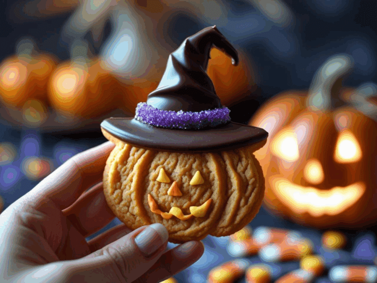 Hand holding a pumpkin-shaped cookie with a chocolate witch hat and purple sugar band, featuring a jack-o’-lantern face made from yellow and orange candy pieces.