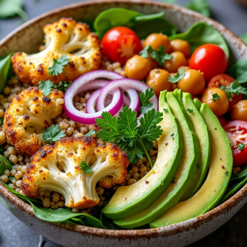 Roasted cauliflower and chickpeas with quinoa, avocado, and red onions in a bowl.