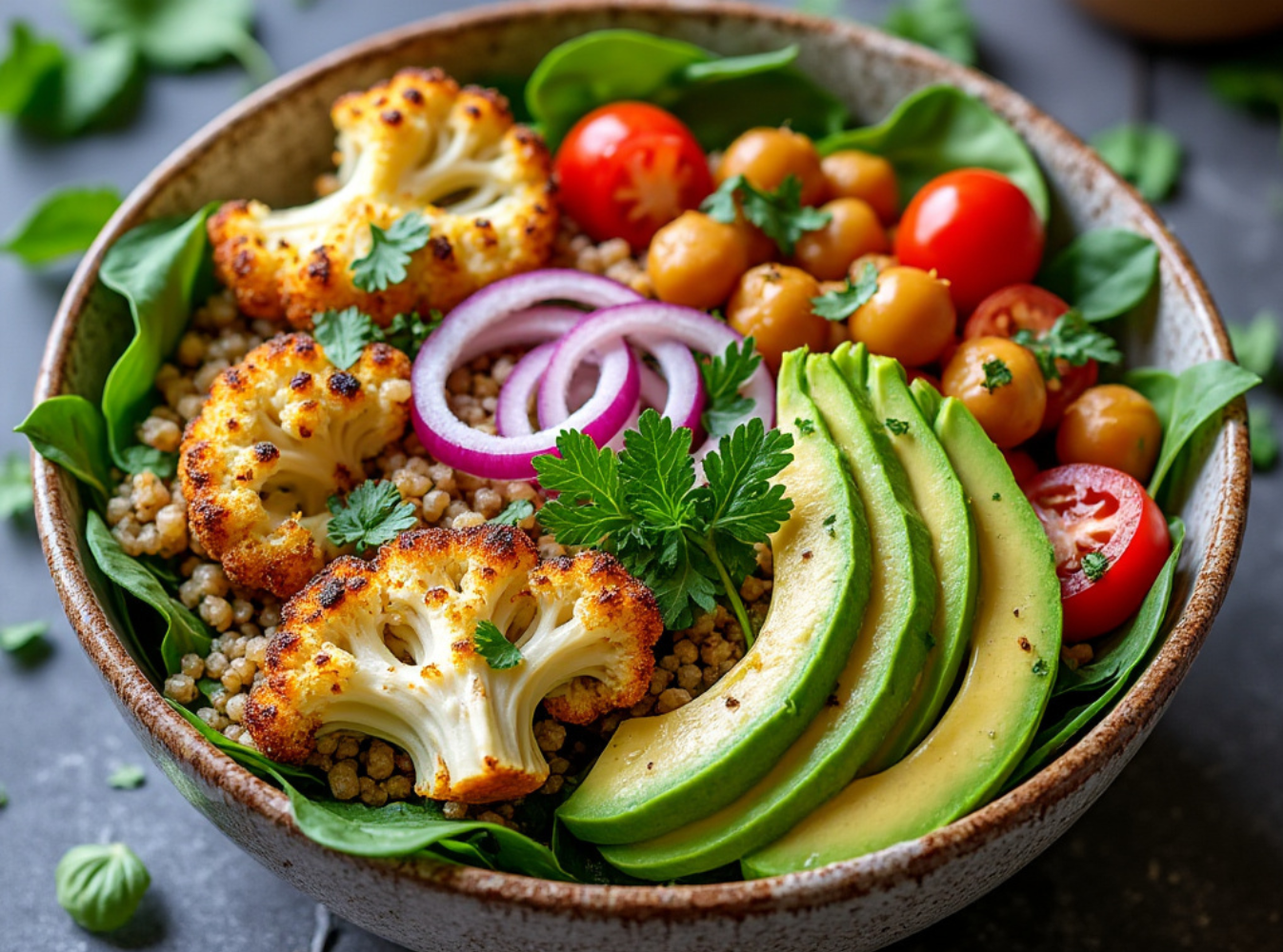 Roasted cauliflower and chickpeas with quinoa, avocado, and red onions in a bowl.